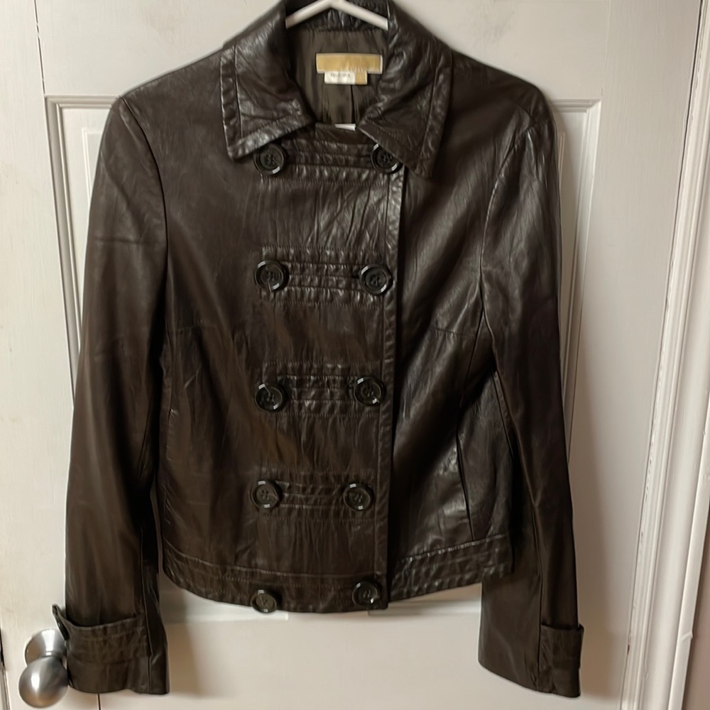 Michael Kors brown leather double breasted jacket size 8